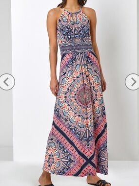 London Times Coral, Navy & Pink Printed Maxi Dress